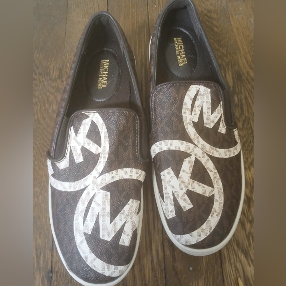 Michael Kors Brown and White Logo Slip-On Loafers